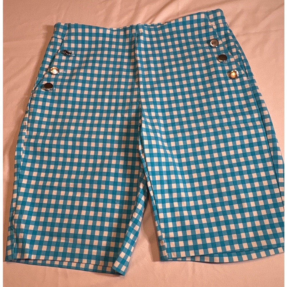 Ava & Grace Petite Turquoise Gingham Sailor Shorts Silver Button High Rise PL
